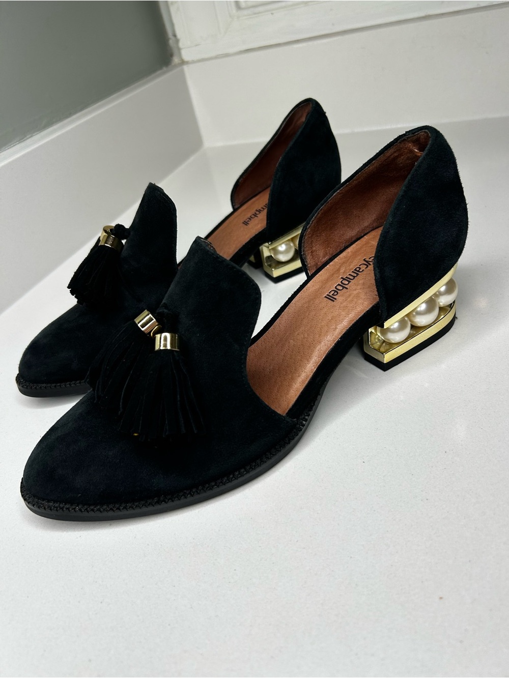 Jeffrey Campbell Civil Size 8.5 Black Suede Pearl-Embellished Heel Tassel Loafer